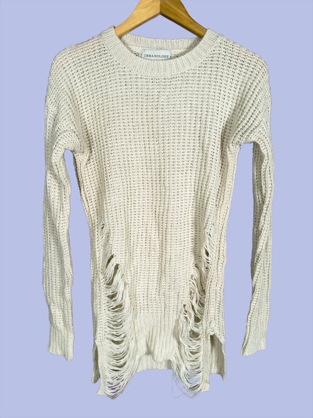 Urbanology Distressed Open Knit Sweater Cream Crewneck Pullover Large